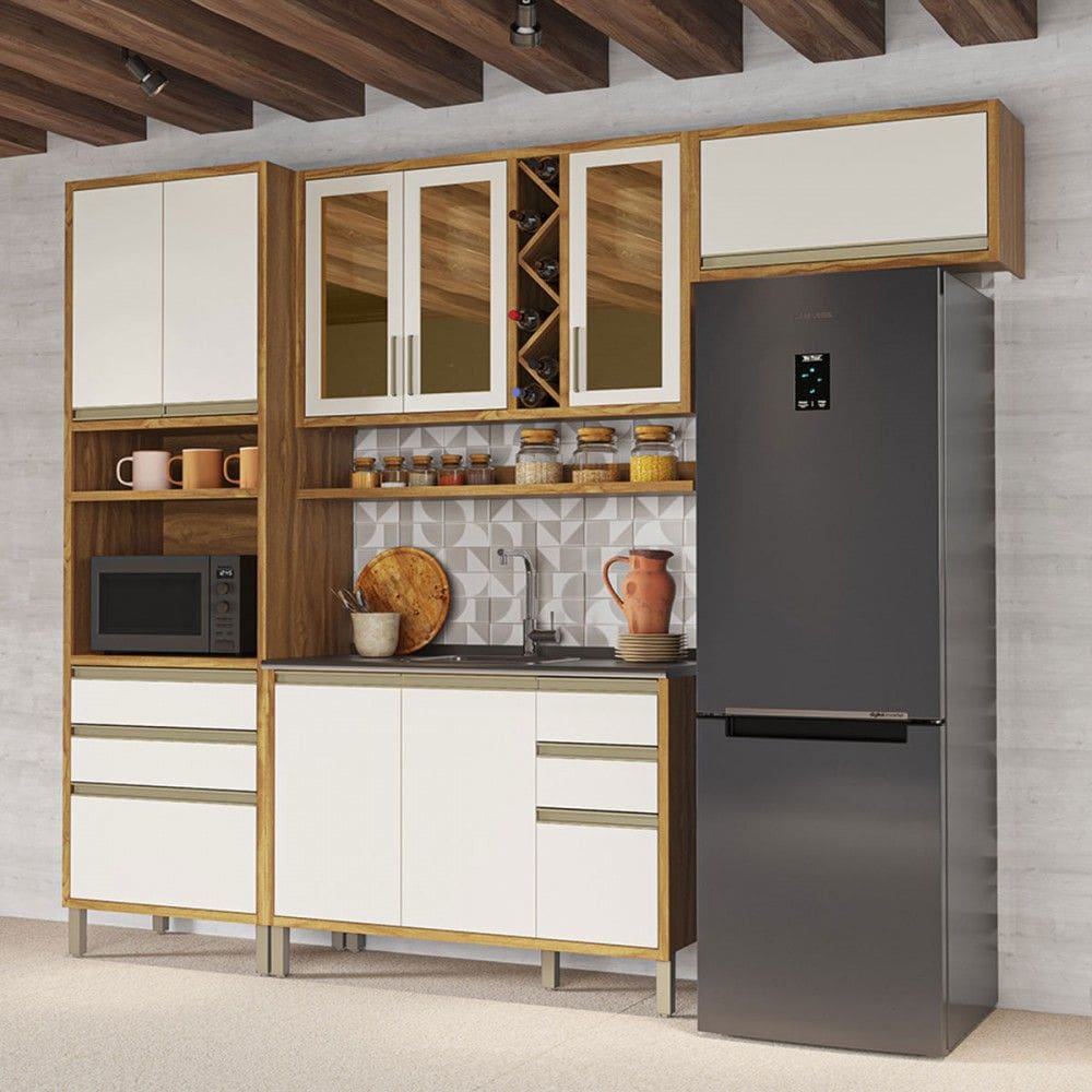 Armário de Cozinha Modulada com Balcão para Pia 9 Portas 5 Gavetas Pérola 100% Mdf Vidro Reflecta Amêndoa/Off White - Pnr Móveis