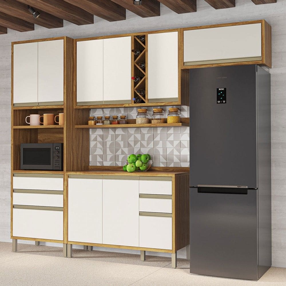 Armário de Cozinha Modulada com Balcão e Tampo 9 Portas 5 Gavetas Pérola 100% Mdf Amêndoa/Off White - Pnr Móveis