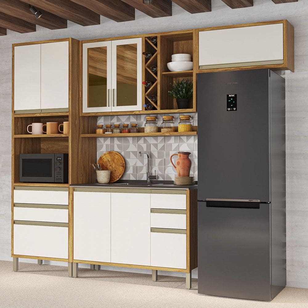 Armário de Cozinha com Balcão para Pia 8 Portas 5 Gavetas Pérola 100% Mdf Vidro Reflecta Amêndoa/Off White - Pnr Móveis