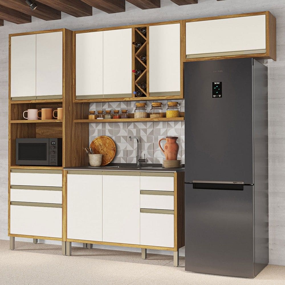 Armário de Cozinha Modulada com Balcão para Pia 9 Portas 5 Gavetas Pérola 100% Mdf Amêndoa/Off White - Pnr Móveis