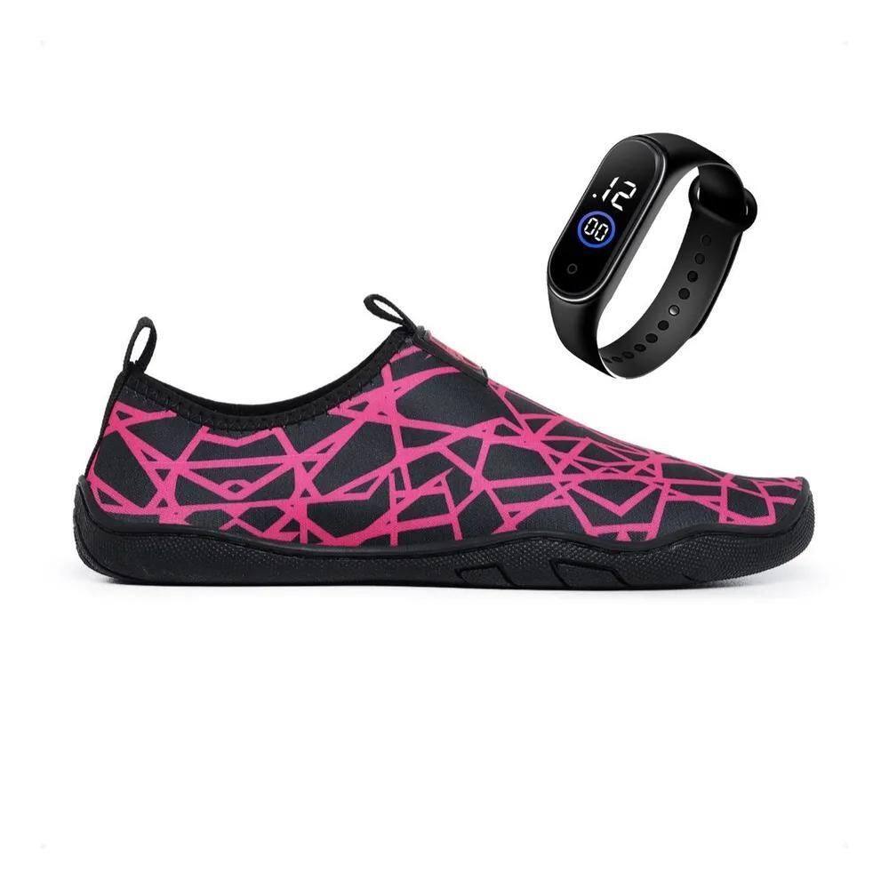 2X Sapatilha Aquática Neoprene Flexível Praia Natação + Reló