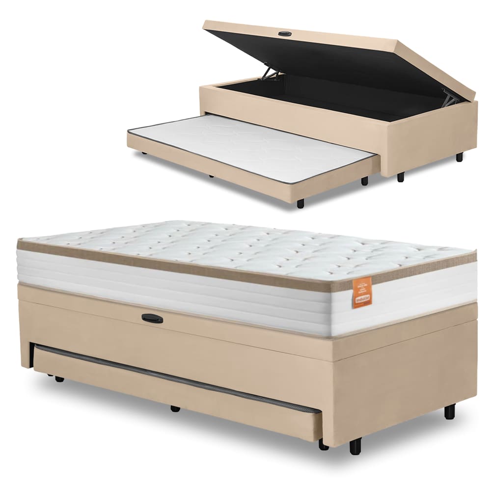 Cama Bibox Baú com Colchão Real Solteiro e Cama Auxiliar Conjugada 88x188x73cm Bela