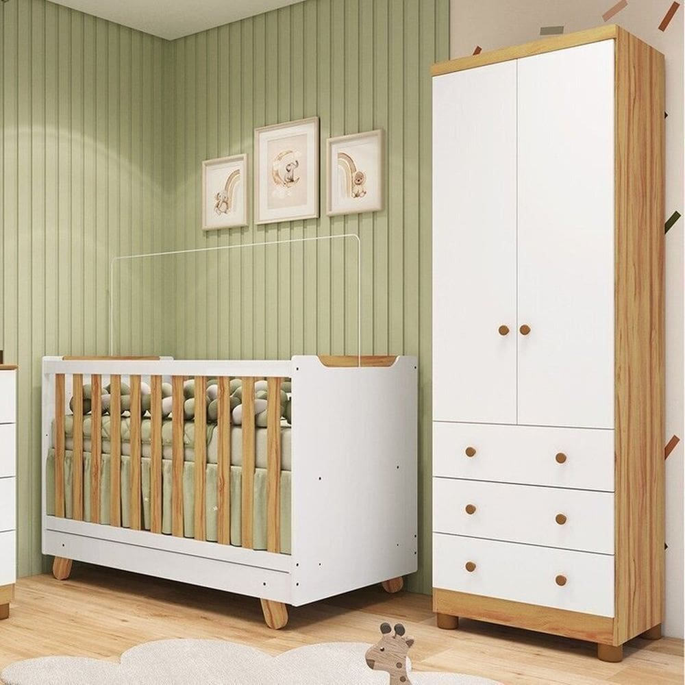 Quarto de Bebê com Guarda-roupa 2 Portas e Berço 4 em 1 Minicama 100% Mdf Mike Espresso Móveis Branco Brilho/Amêndoa