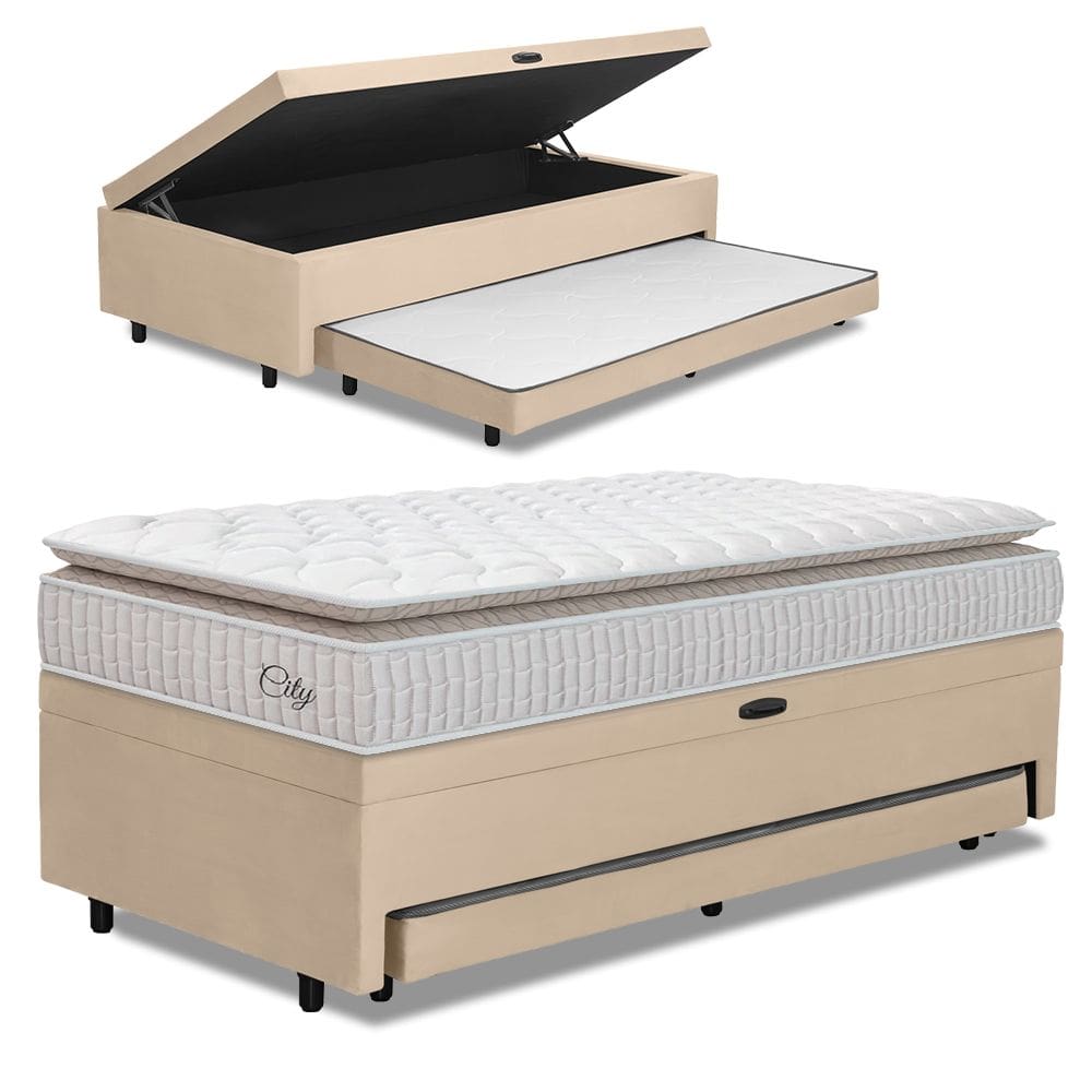 Cama Bibox Baú com Colchão City Solteiro e Cama Auxiliar Conjugada 88x188x69cm Bela