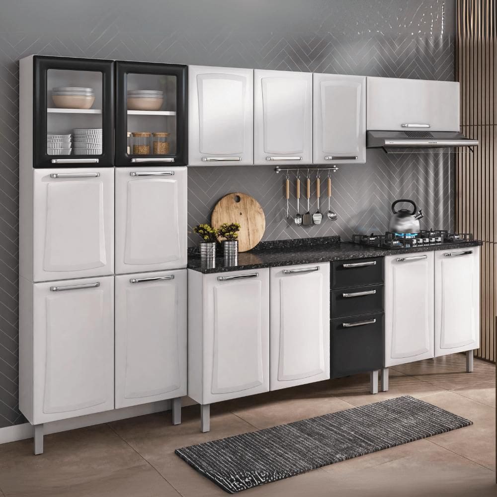 Cozinha Completa Itatiaia Tarsila 280cm em Aço Branco/Preto