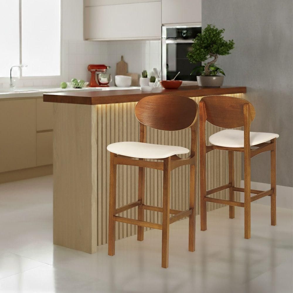 Banqueta Premium Samba Jequitibá Nozes Estrutura Em Madeira Maciça Corino Bege