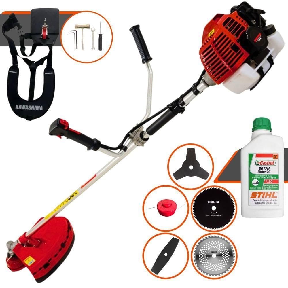 Roçadeira Profissional Kawashima Kw43l À Gasolina 43c 1,7hp + Faca 2 Pontas 330mm + Faca 40 Dentes 255mm + Faca 80 Dent