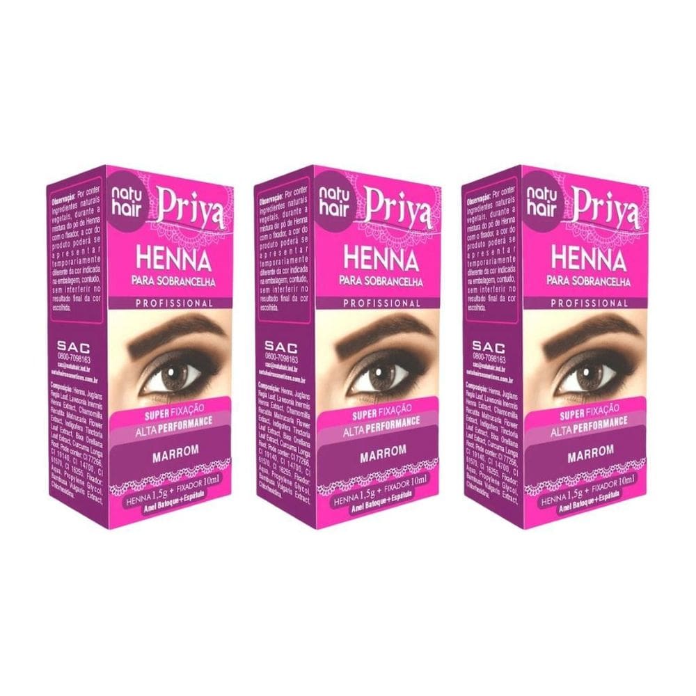 Henna Sobrancelhas Priya Natuhair 1,5G Marrom - Kit Com 3Un