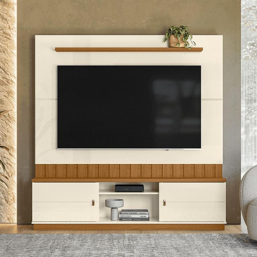 Home Florianópolis 1,75m TVs 70`` Painel Nichos e Gavetas -Off White / Amendoa