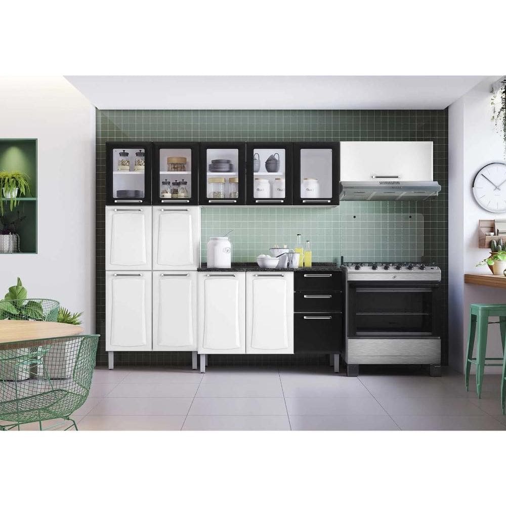Cozinha Completa Branca e Preta em Aço 280cm Tarsila com Vidro Itatiaia