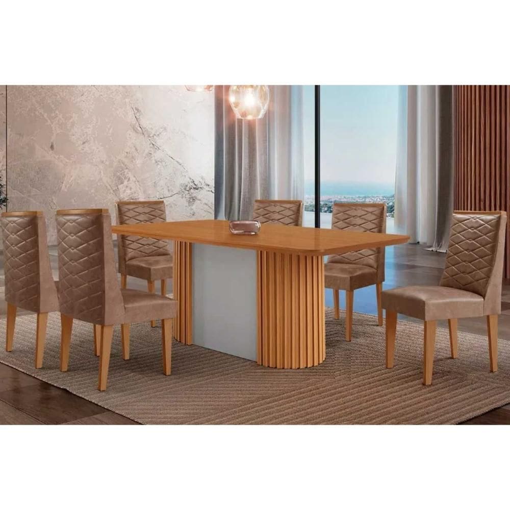 Conjunto Sala de Jantar Pilar c/ Tampo Madeirado Canto Curvo 180x90cm e 6 Cadeiras Dafne Madeira Maciça Naturale/Off White - Capuccino/Corano Capuccin
