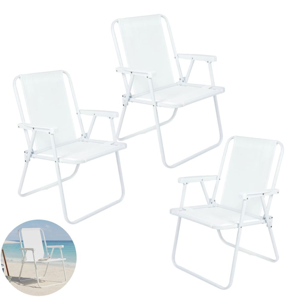 Kit 3 Cadeira de Praia Alta Piscina Jardim Aço Branca 110Kg - 2058 Mor