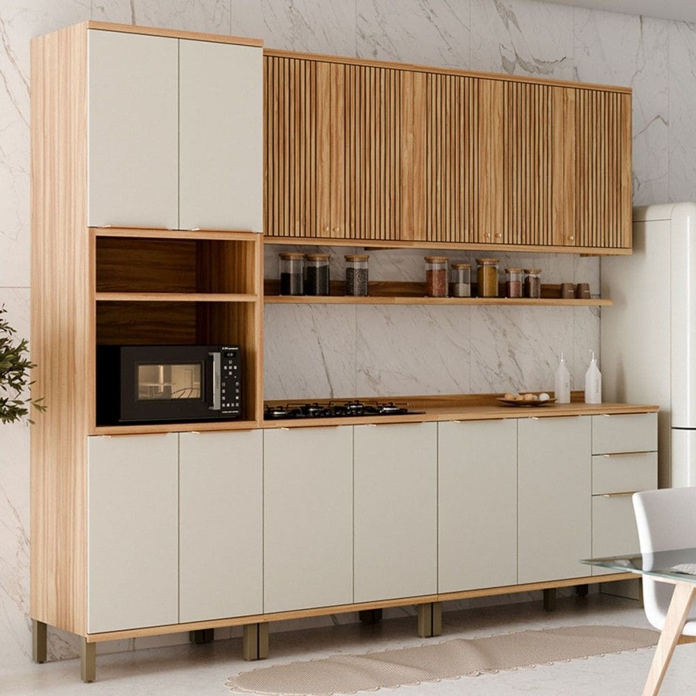 Armário de Cozinha com Balcão e Tampo 13 Portas 3 Gavetas Nice Fresado com Prateleira 100% Mdf Amêndoa/Off White - Pnr Móveis