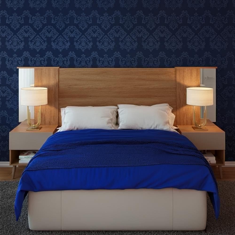 Cabeceira De Casal Extensível King Com 2 Mesas De Cabeceira