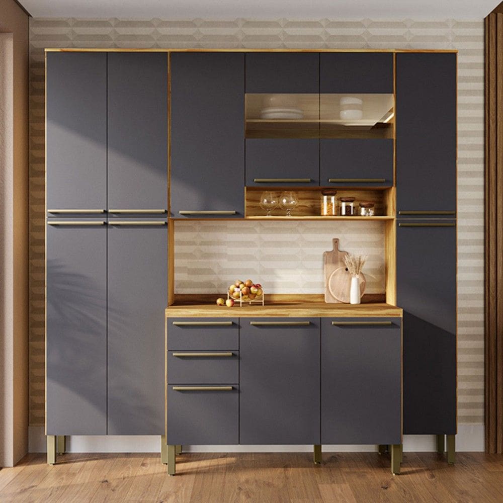 Armário de Cozinha Modulada com Balcão e Tampo 12 Portas 2 Gavetas Xangai 100% Mdf com Vidro Reflecta Amêndoa/Cinza - Pnr Móveis