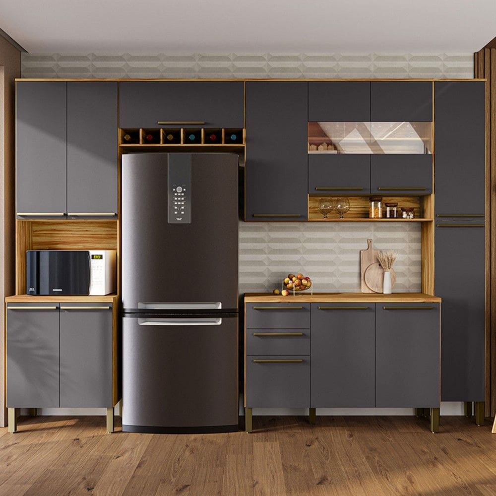 Armário de Cozinha Modulada com Balcão e Tampo 13 Portas 2 Gavetas Xangai 100% Mdf com Vidro Reflecta Amêndoa/Cinza - Pnr Móveis