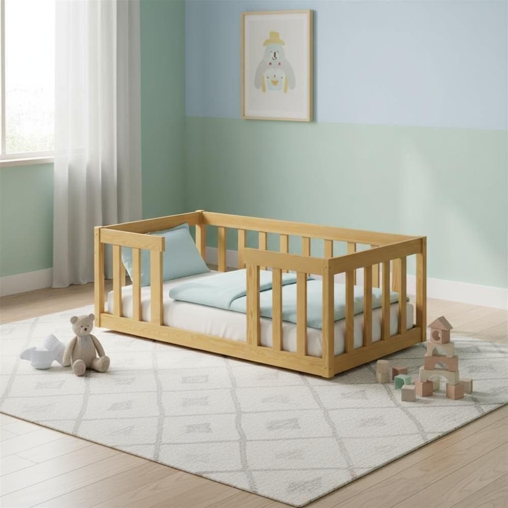 Cama Montessoriana De Madeira Infantil Solteiro Com Colchão - Nogueira