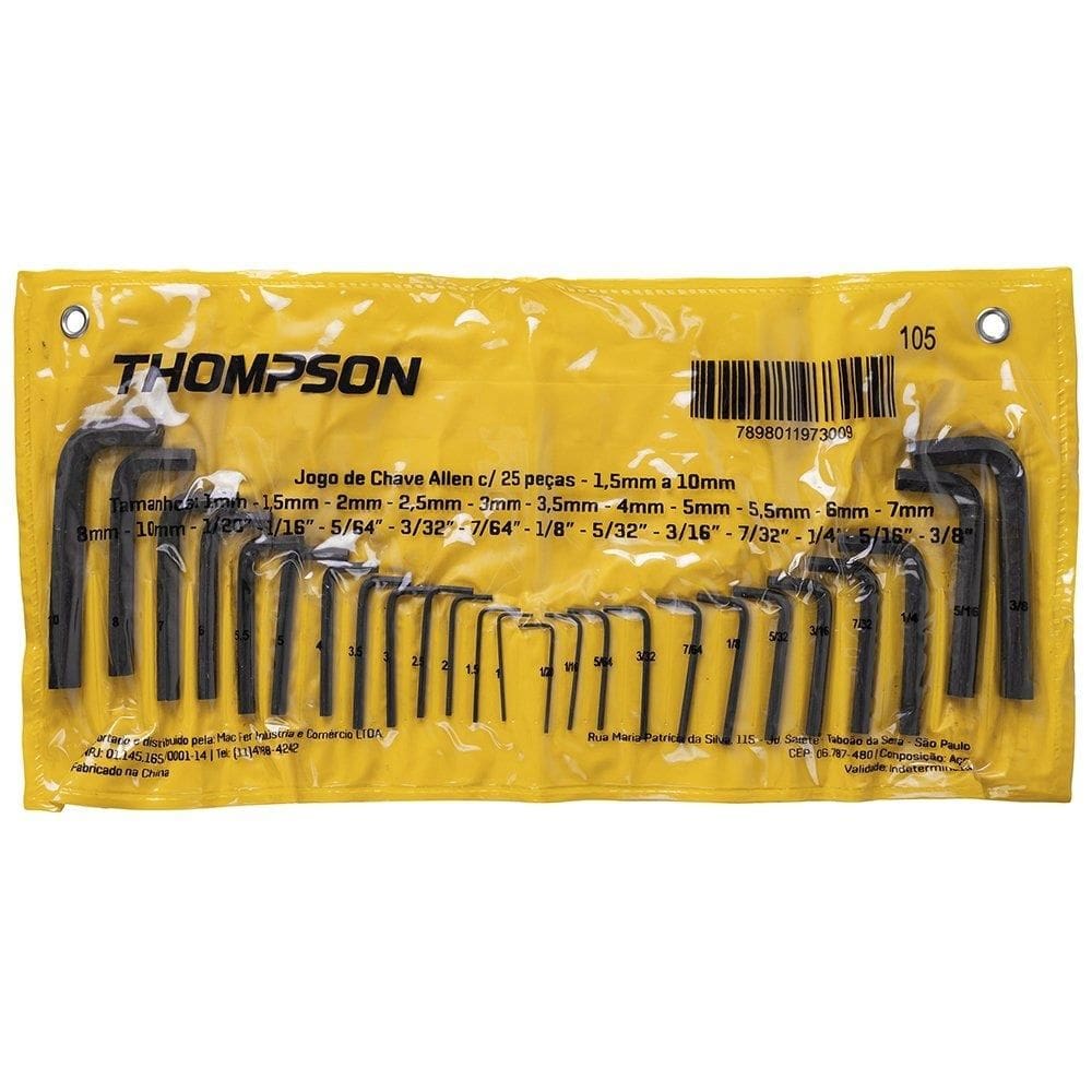 Chave Thompson Hexagonal L Tipo Allen Premium 1.5mm a 10mm - Embalagem com 25 Peças