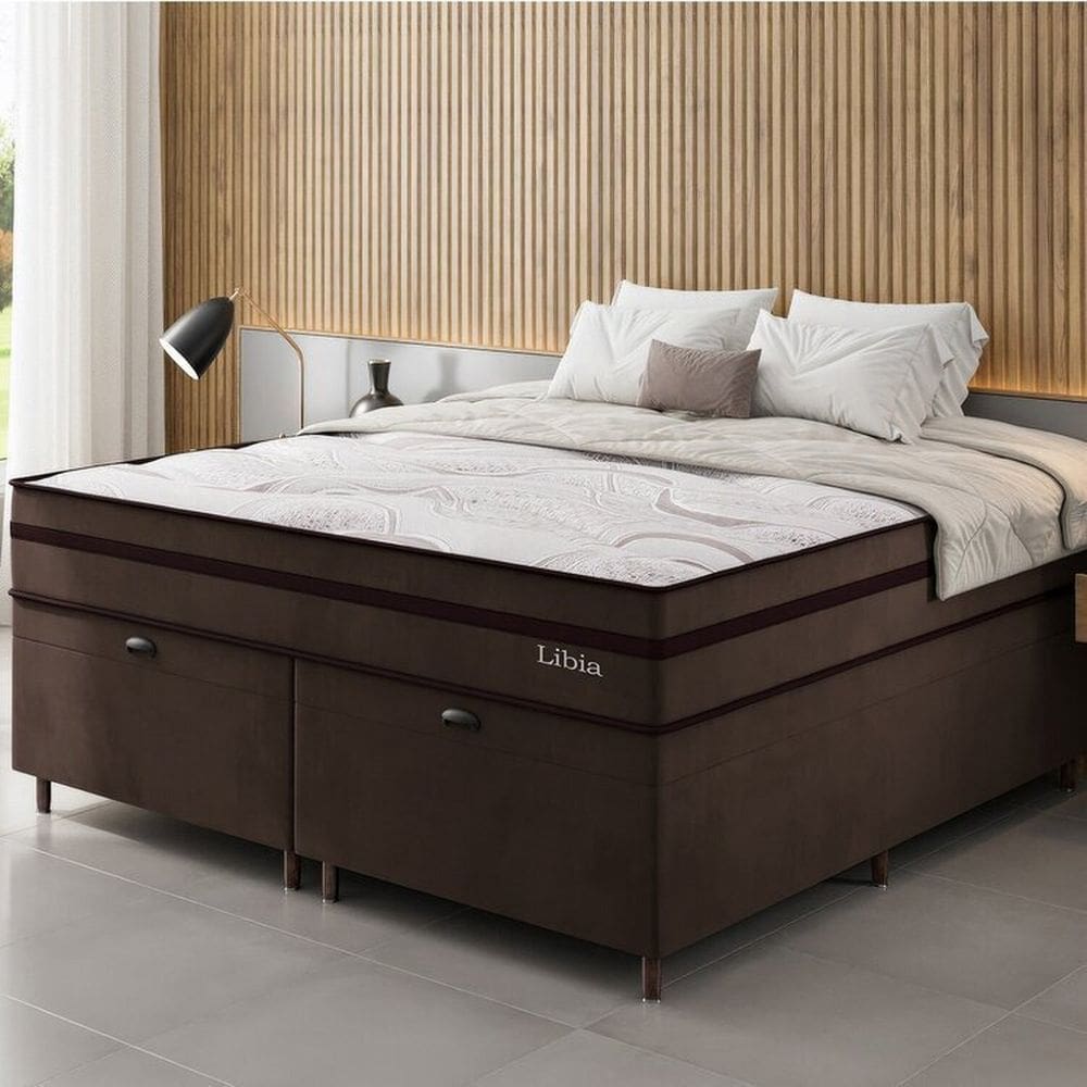 Conjunto Colchão Ortopédico Queen e Base Box Bau 73x158x198cm Libia Yescasa Marrom
