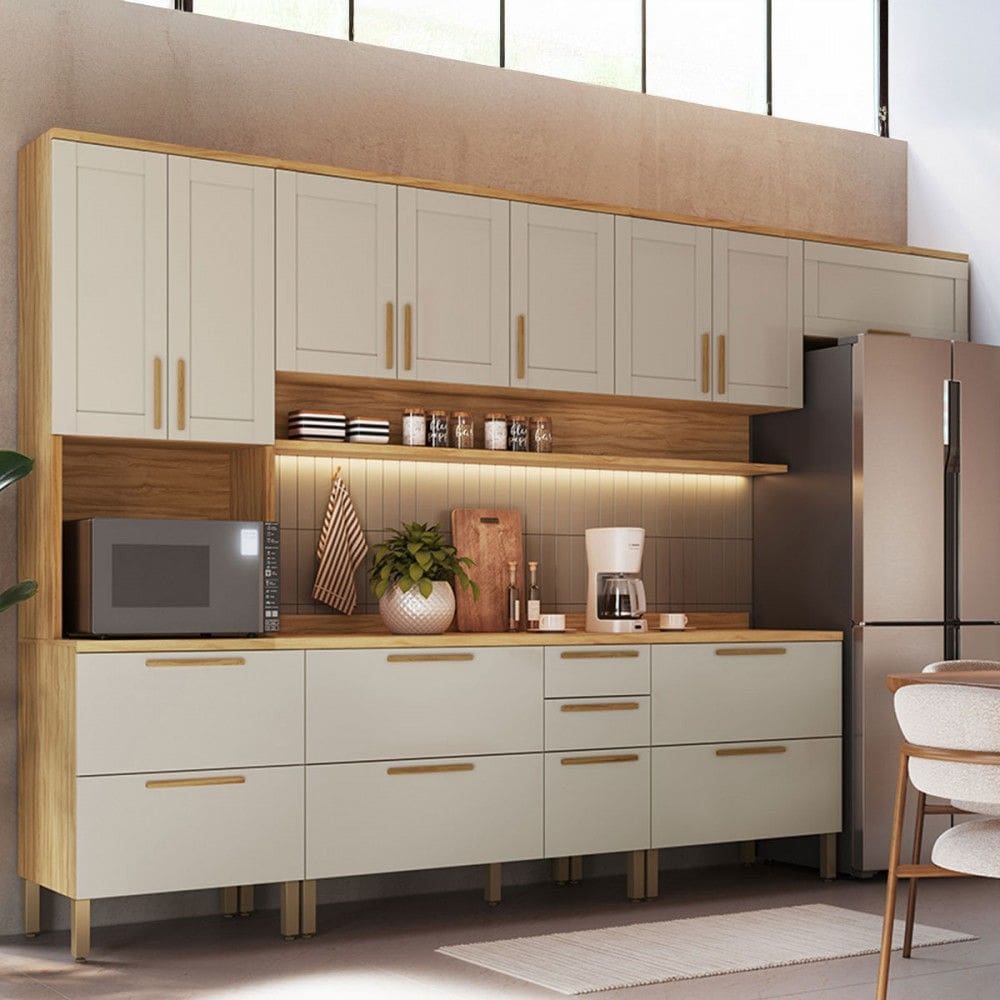 Armário de Cozinha Americana com Balcão e Tampo 14 Portas 3 Gavetas Texas 100% Mdf Amêndoa/Off White - Pnr Móveis