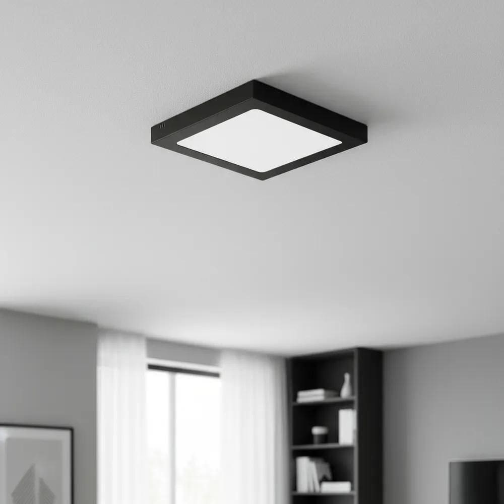 Plafon Led Quadrado Sobrepor Branco Painel 18W Slim Preto -