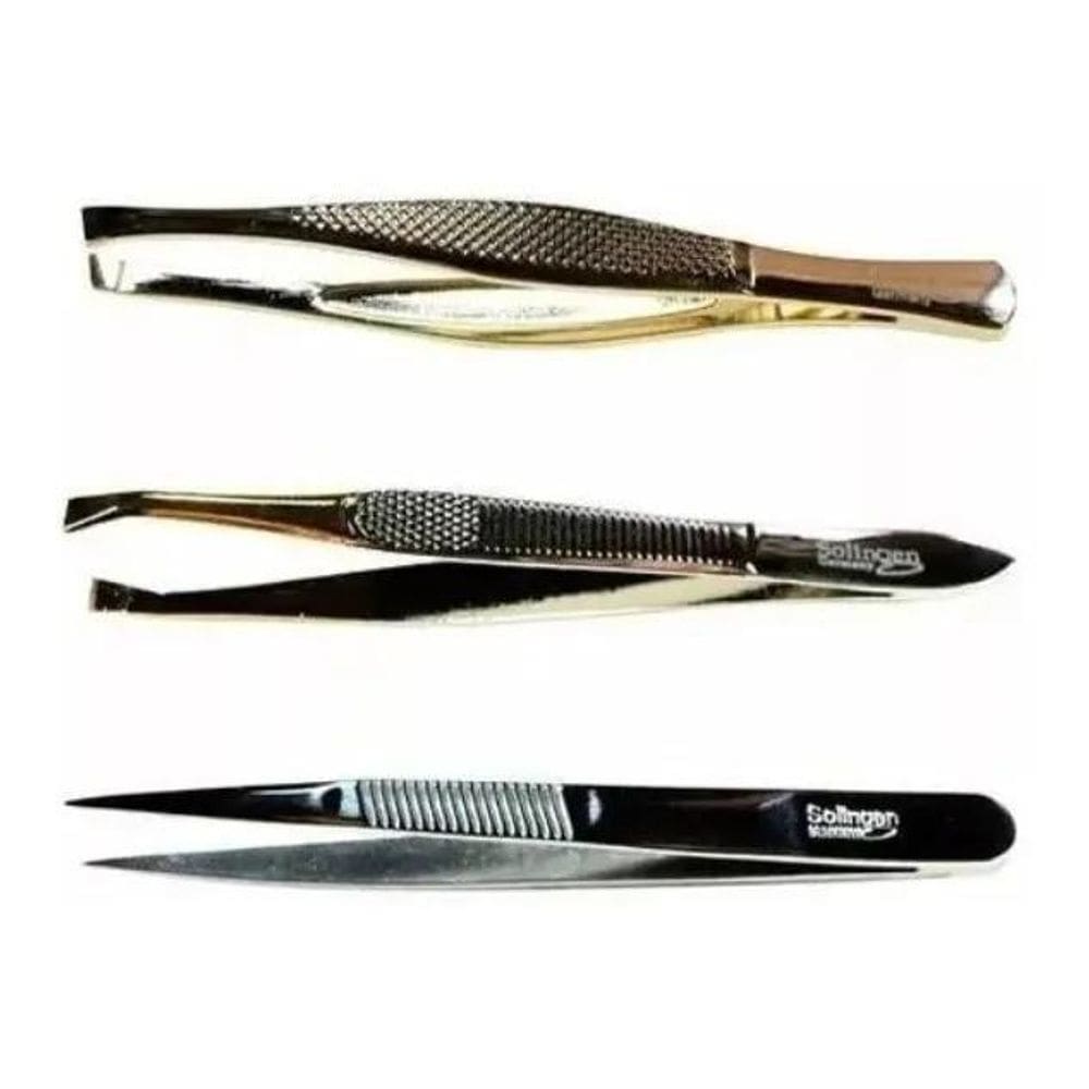 2X Pinças Solingen Dourada Reta Chanfrada Ponta Agulha Kit C