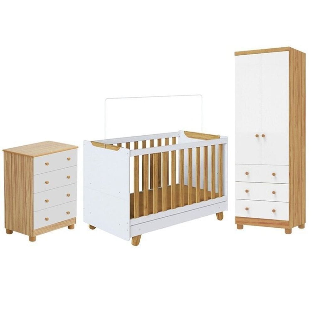 Quarto de Bebê com Guarda-roupa 2 Portas Cômoda e Berço 4 Em1 Minicama 100% Mdf Mike Espresso Móveis Branco Brilho/Amêndoa