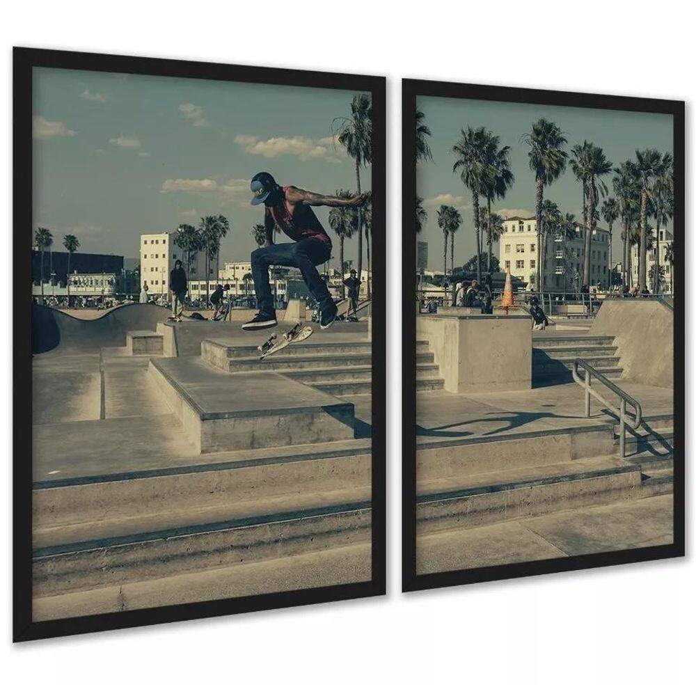 Kit 2 Quadros Skate Skatista Flip Manobra 33X24Cm - Vidro