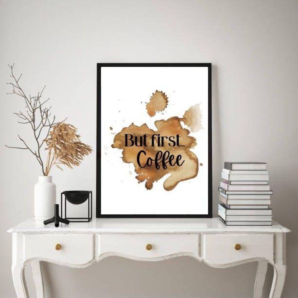 Quadro But First Coffee - Aquarela 33X24Cm - Com Vidro