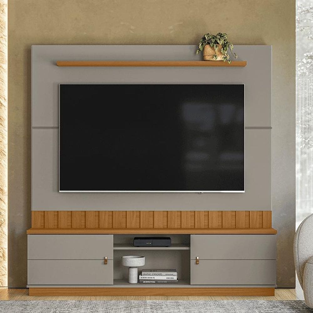 Home Florianópolis 1,75m TVs 70`` Painel ripado Nichos e Porta correr - Grigio Fosco/Amendoa