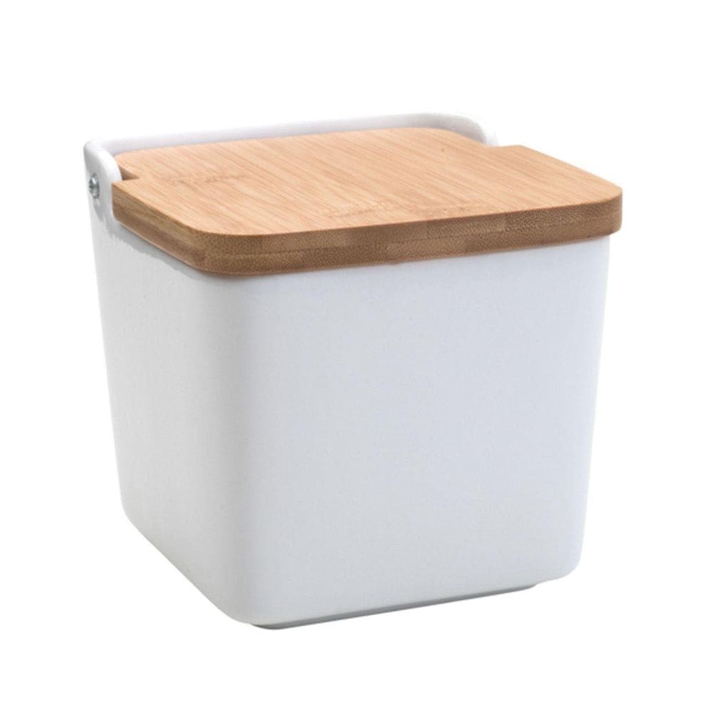 Saleiro Grande De Cerâmica Branco Tampa Bambu Bancada