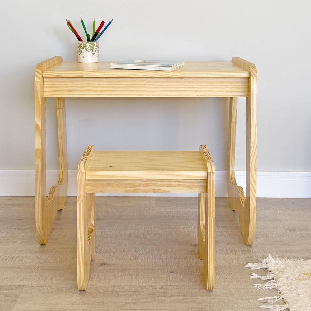 Mesa Com Banquinho Infantil Encanto Em Madeira Natural