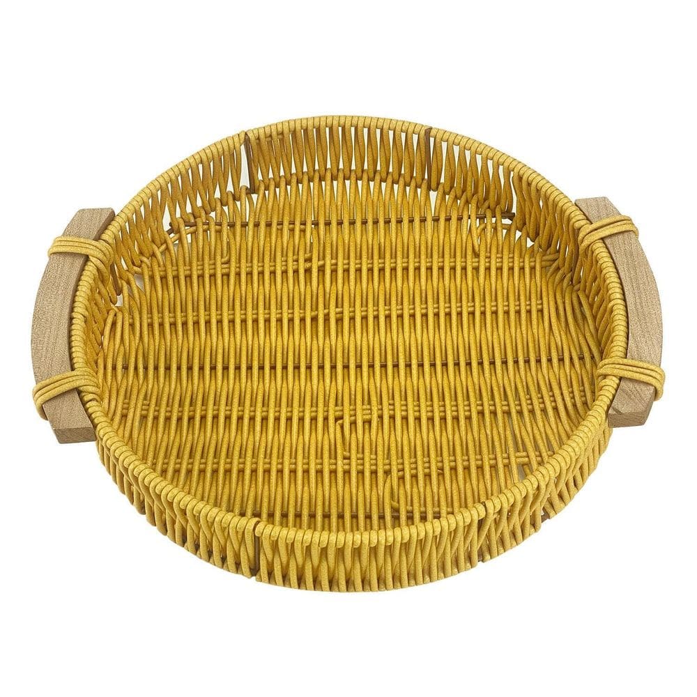 Bandeja Trama Tipo Vime Artificial Redonda Alça De Madeira