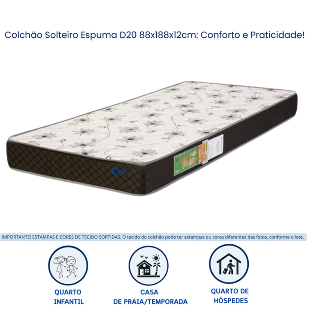Colchão Solteiro Espuma D20 (12cm)  | Ideal para Bicama Cama Auxiliar, Infantil e Hóspedes.