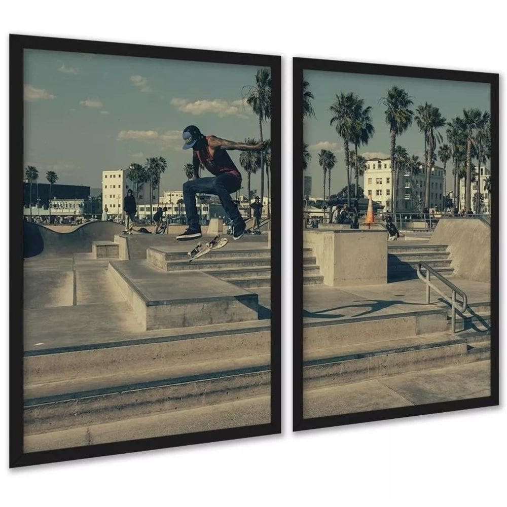 Kit 2 Quadros Skate Skatista Flip Manobra 45X34Cm - Vidro