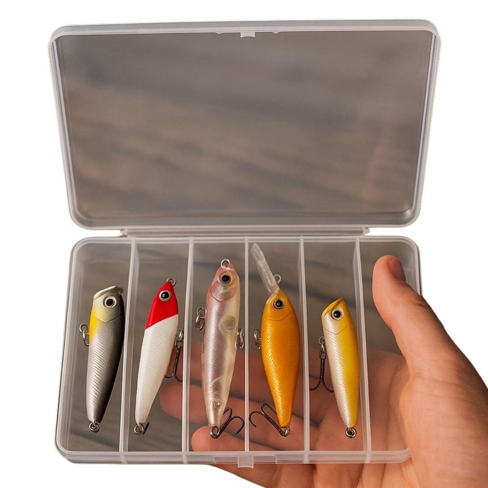 Kit 5 Iscas Artificiais + Estojo Pesca Compacto