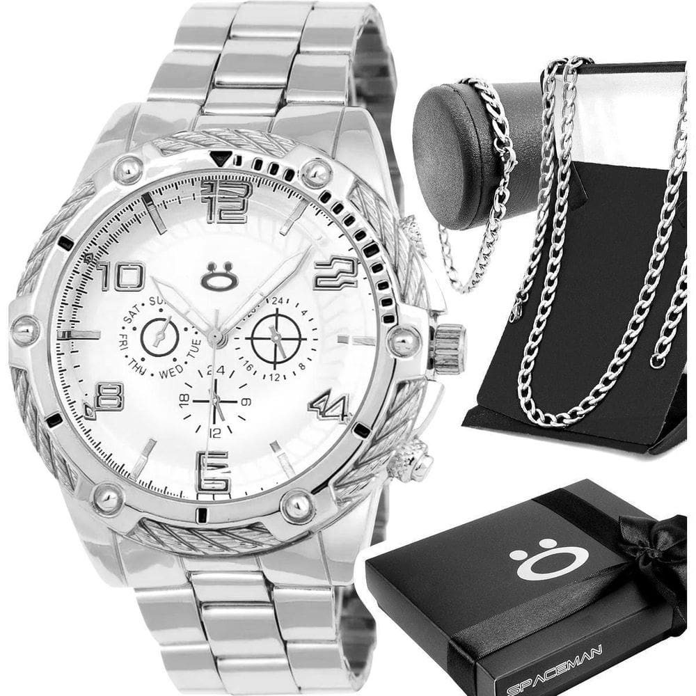 Relogio Masculino Prateado + Cordao Grumet + Pulseira Caixa
