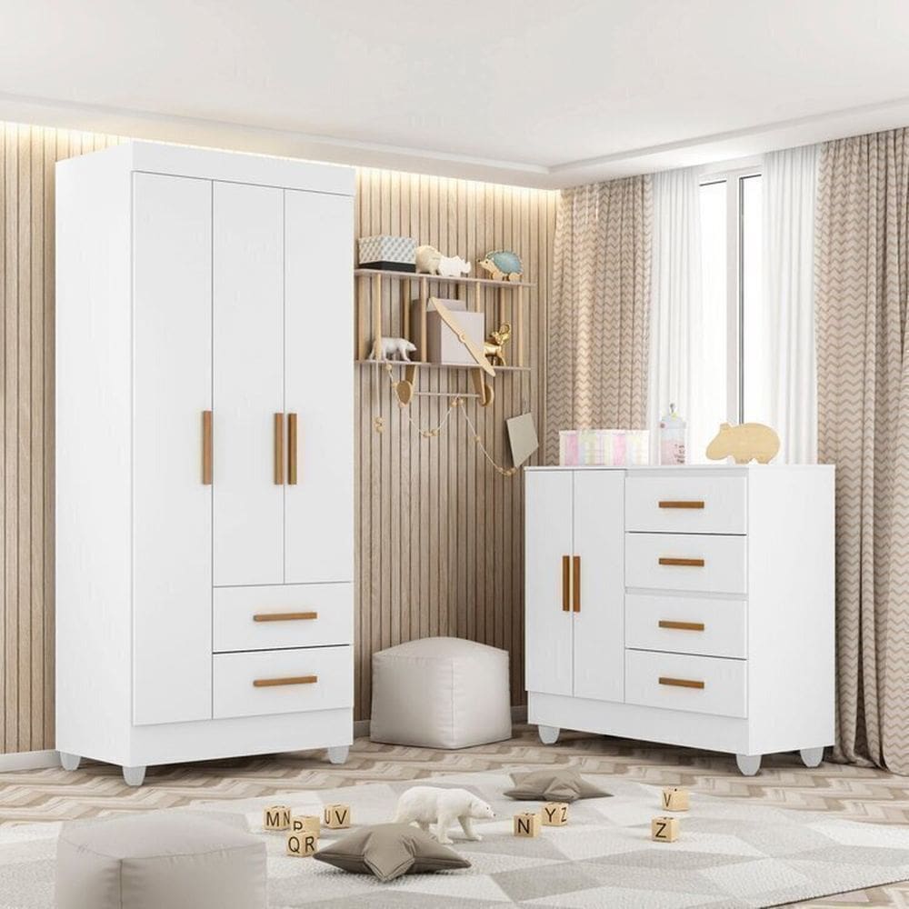 Quarto Bebê Infantil com Guarda-Roupa 3 Portas e 2 Gavetas com Cômoda 4 Gavetas e 2 Portas Lite Branco