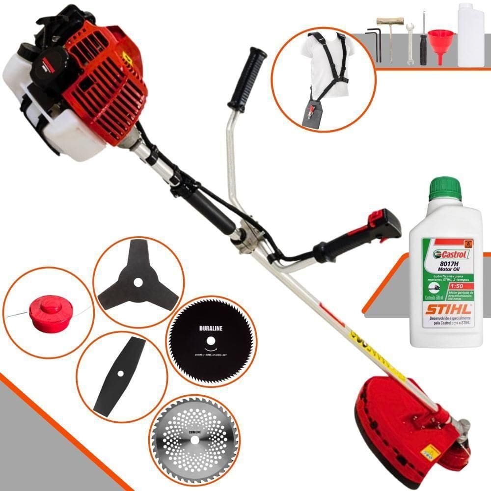 Roçadeira Profissional Kawashima Kw52l À Gasolina 52c 2,5hp + Faca 2 Pontas 330mm + Faca 40 Dentes 255mm + Faca 80 Dent