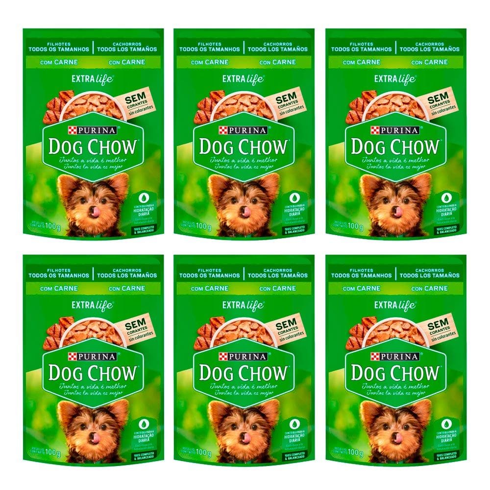 Kit 6 Ração Úmida para Cachorro Dog Chow Filhotes Extra Life Sabor Carne em Sachê 100g