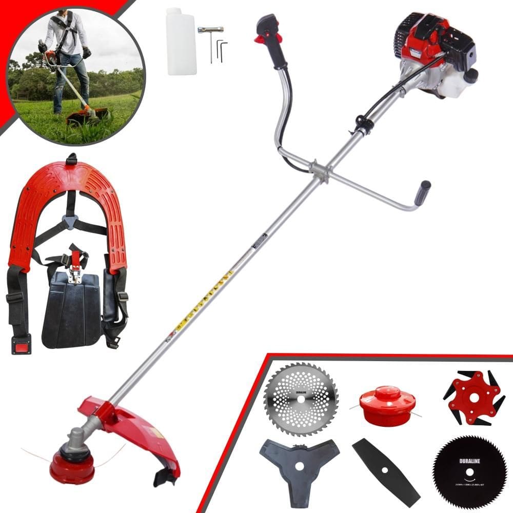 Roçadeira À Gasolina Toyama RT52L 2T 52cc 2HP Alta Rotação Com Cabeçote Nylon + Facas 2 Pontas, 3 Pontas, 6 Pontas, 40 Dentes de Vídea e 80 Dentes