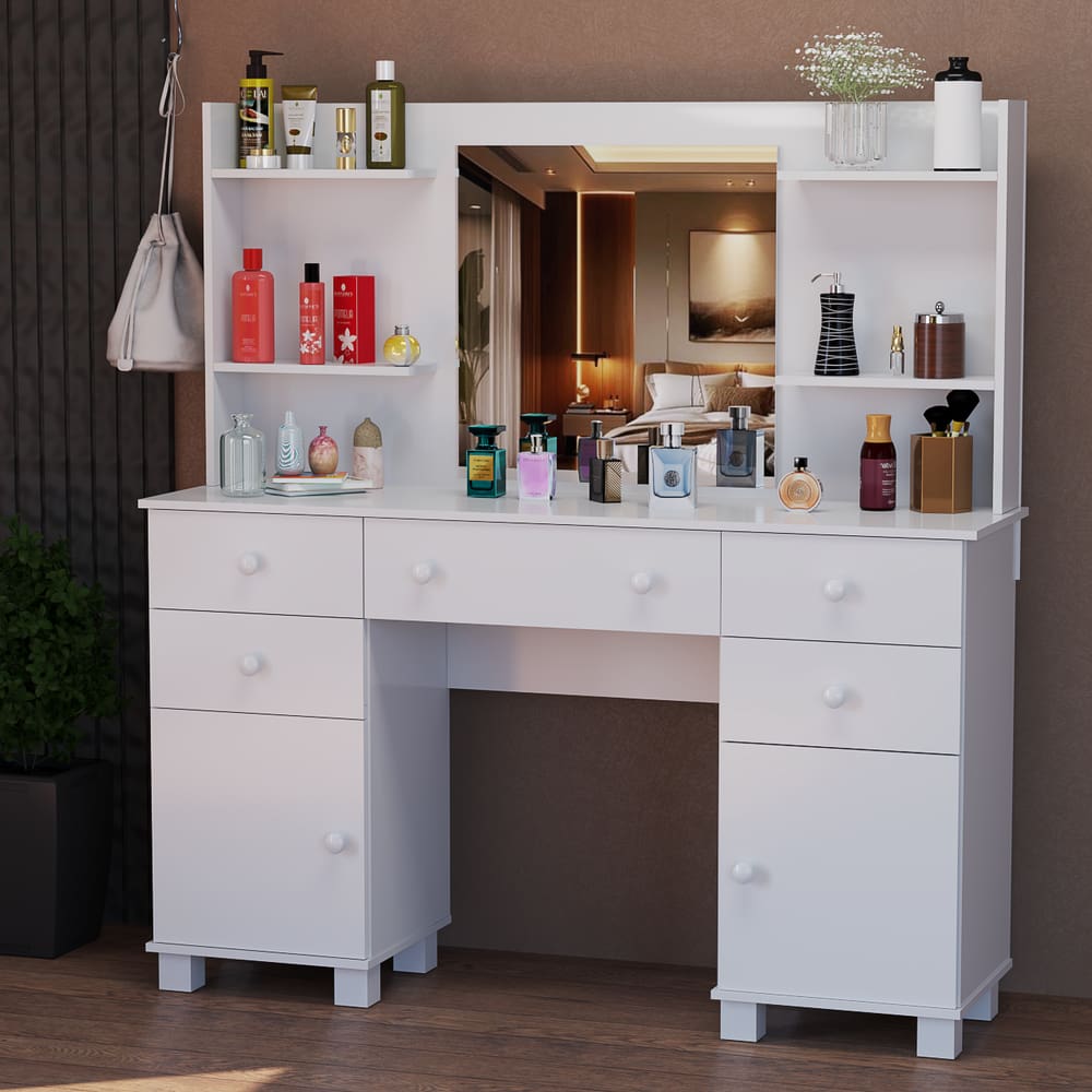 Penteadeira Camarim 5 Gavetas 2 Portas Com Prateleiras e Espelho