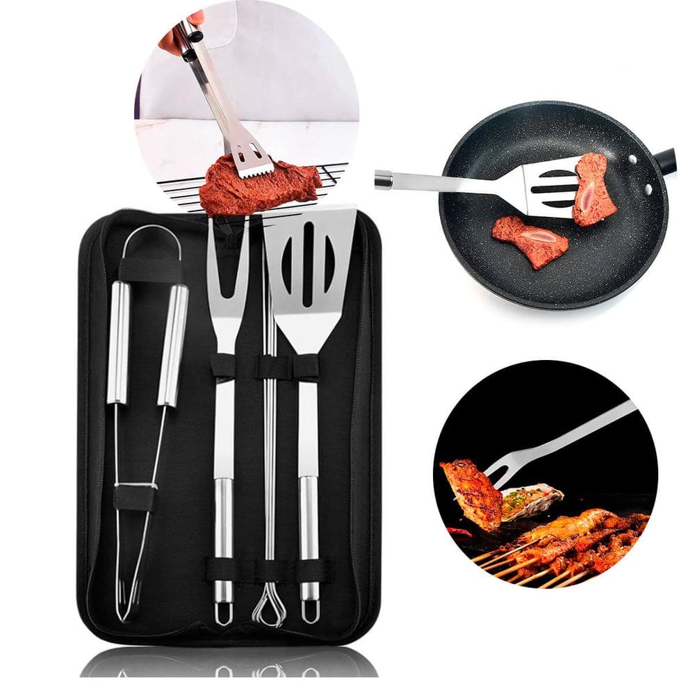 Kit churrasco 7 peças em aço resistente com espátula, garfo, pegador e espetos, ideal para uso doméstico, viagens e confraternizações