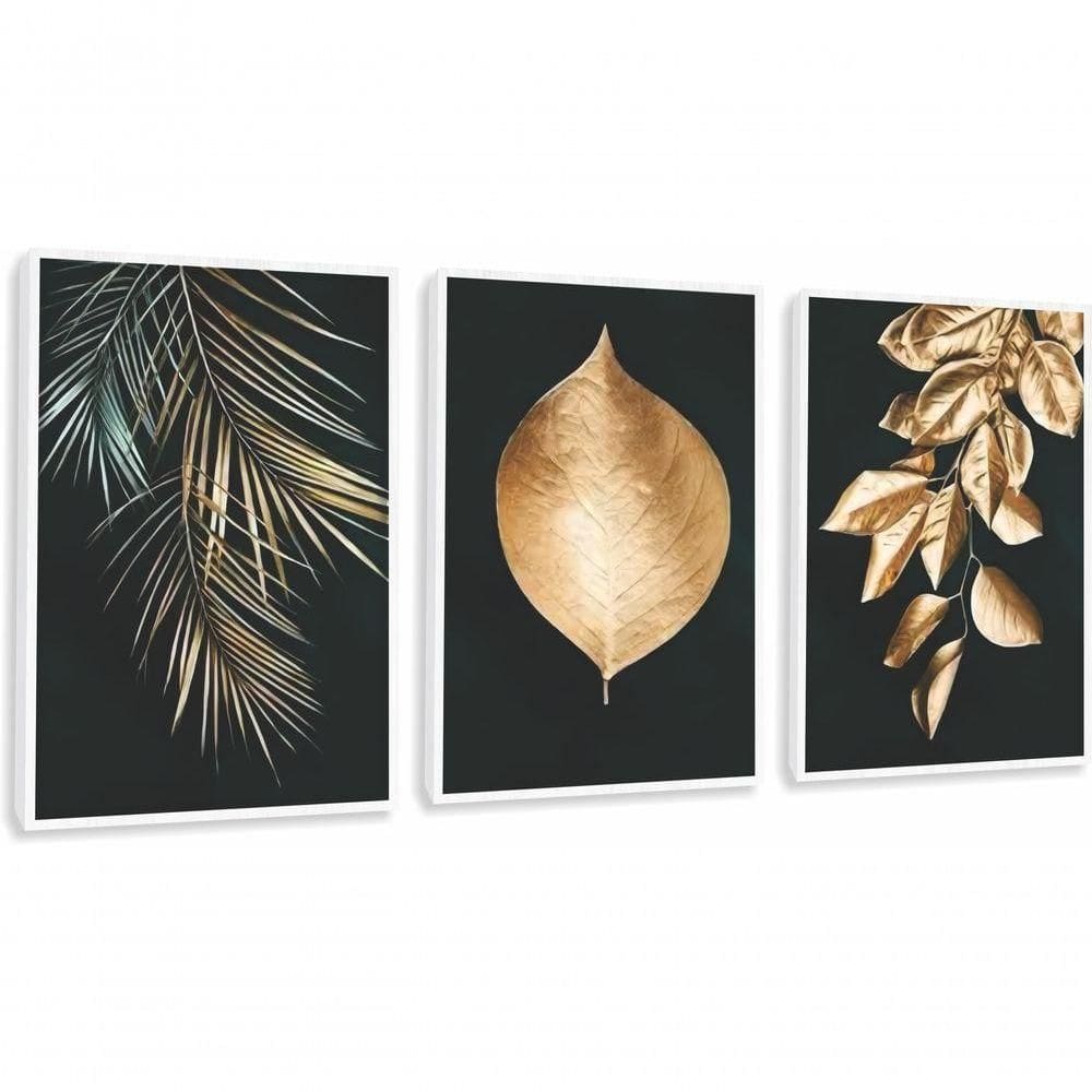 Quadro Decorativo Folhagem Dourada Gold Luxo Com Moldura Branco