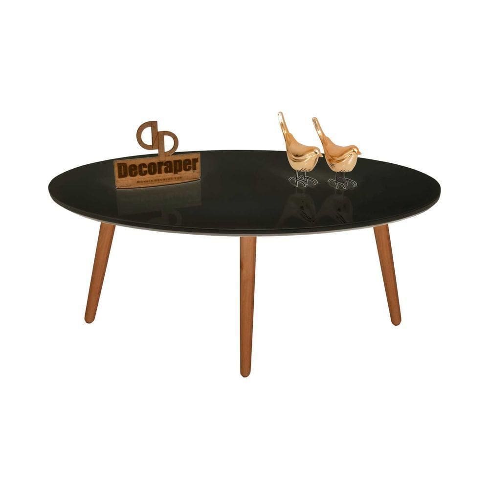 Mesa De Centro Oval Laqueada Com Vidro Pé Palito 80x50 Preto