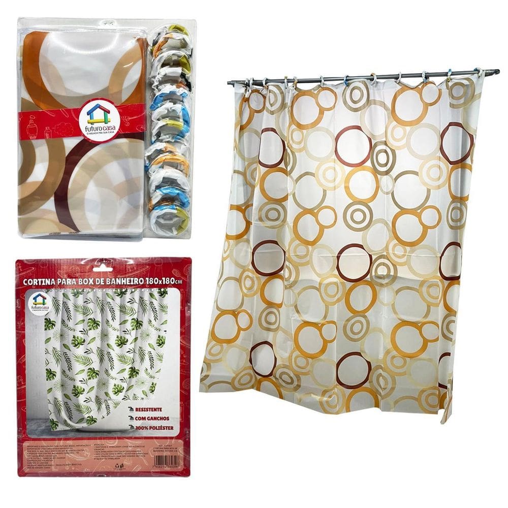 Cortina Para Box Banheiro Com Ganchos 100% Poliester 180Cm