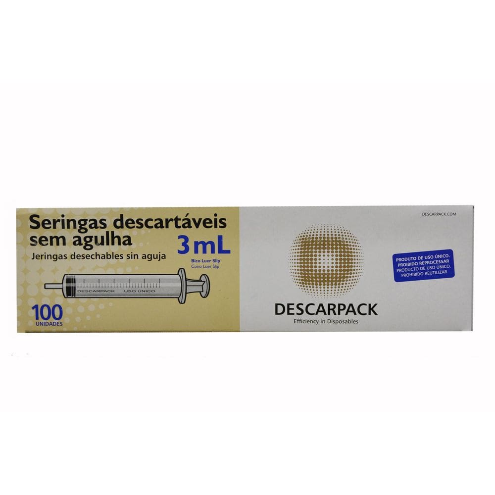 Seringa 3Ml Sem Agulha Descartável - 100 Unidades Luer Slip