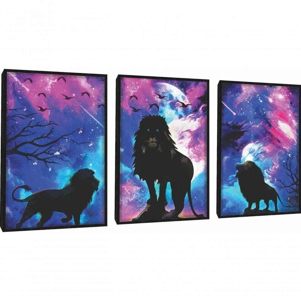 Quadro Decorativo Leão Com Fundo Colorido Com Moldura Preto