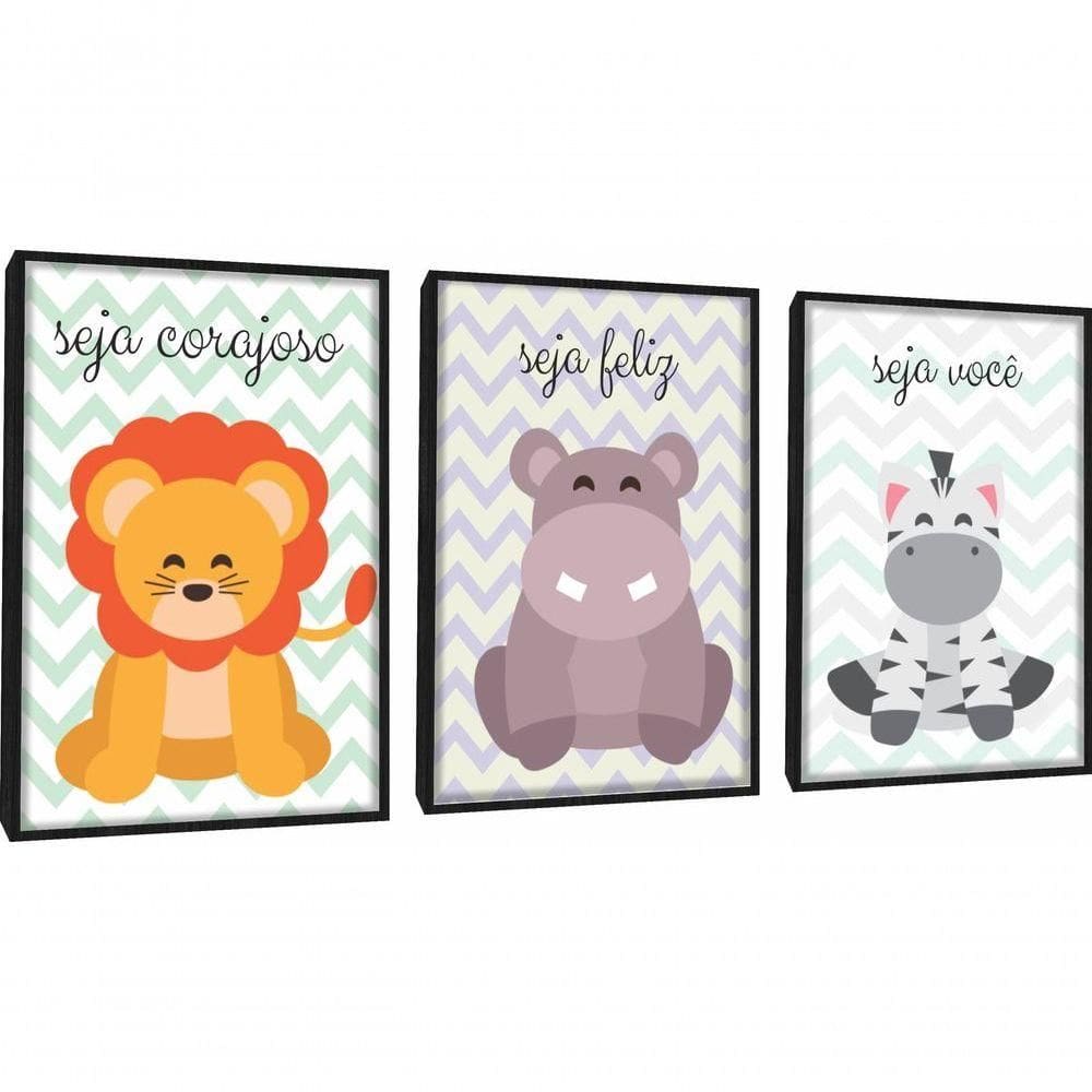 Quadro Decorativo Infantil Animais Com Moldura Preto