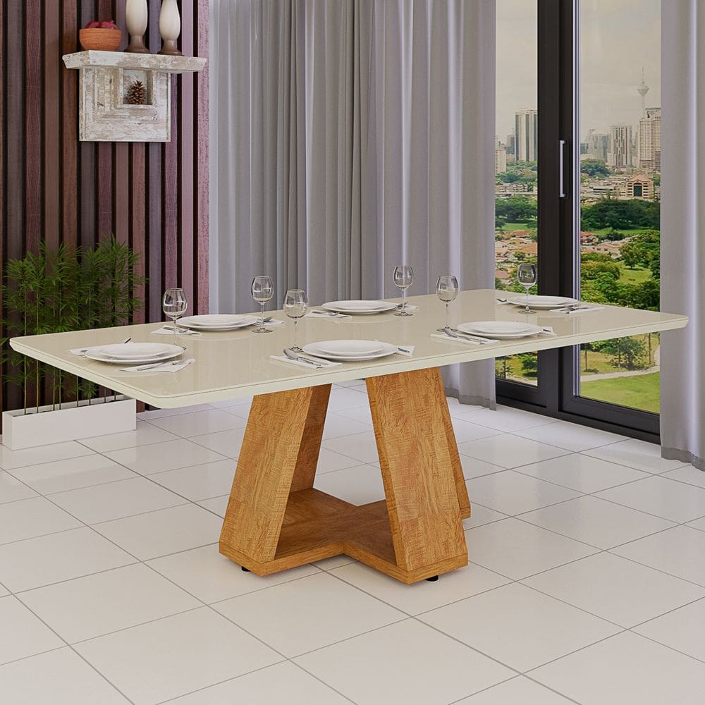 Mesa De Jantar 6 Lugares Com Vidro Temperado E Laqueado